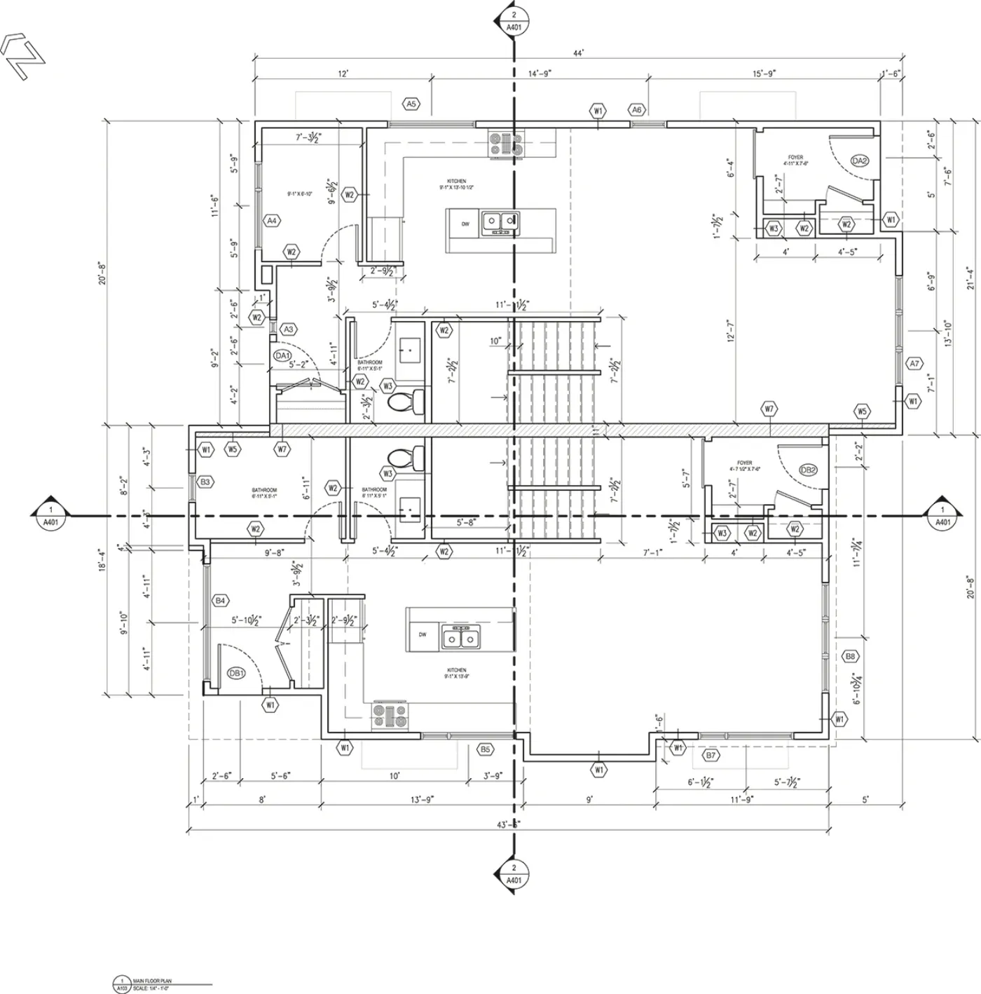 Dimensioned main floor plan — kitchen, bathrooms, foyer, and stair layout with framing-level dimension strings