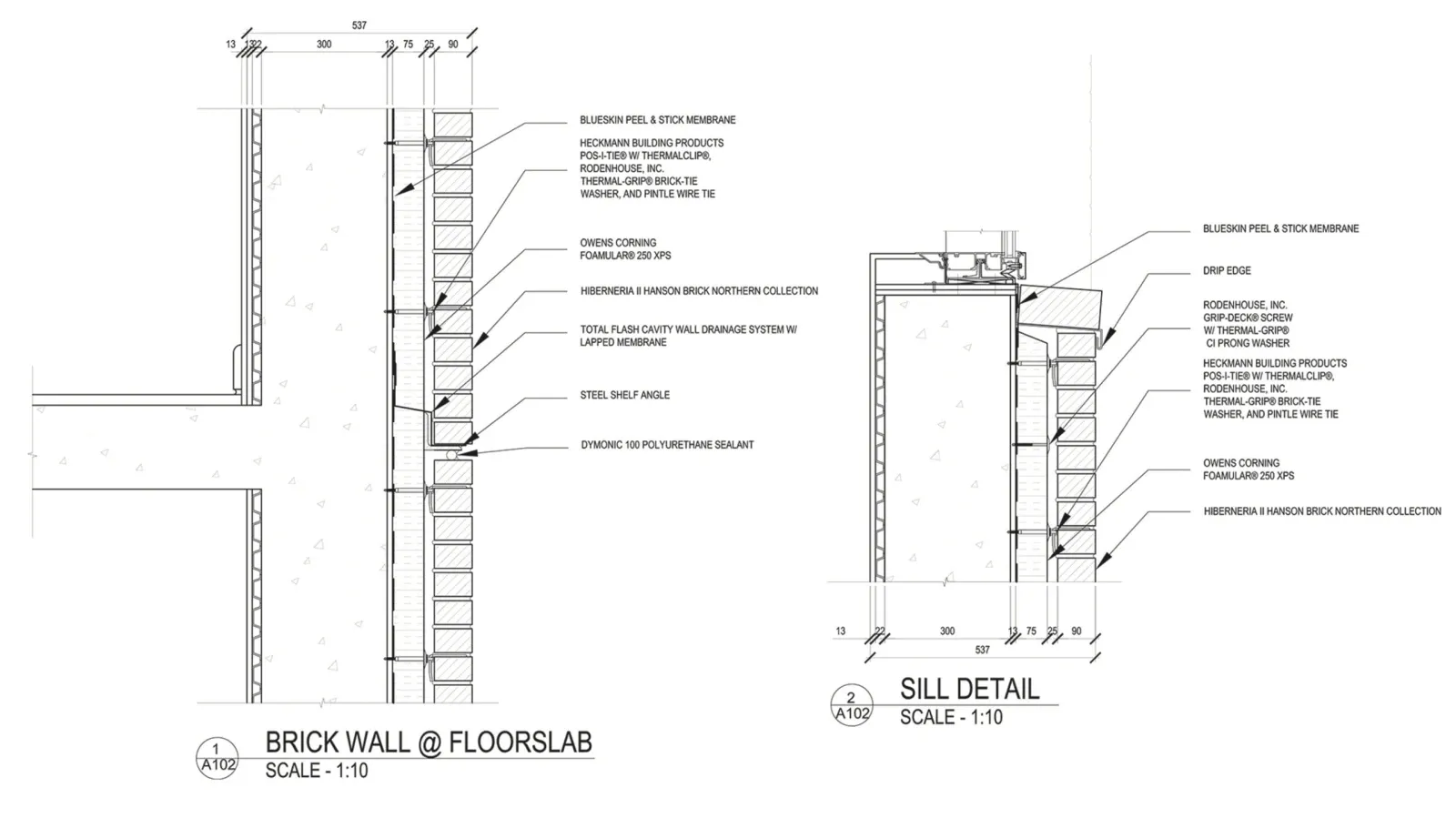 Brick wall at floor slab and sill detail — dimensioned envelope assembly with membrane, insulation, and cavity drainage callouts