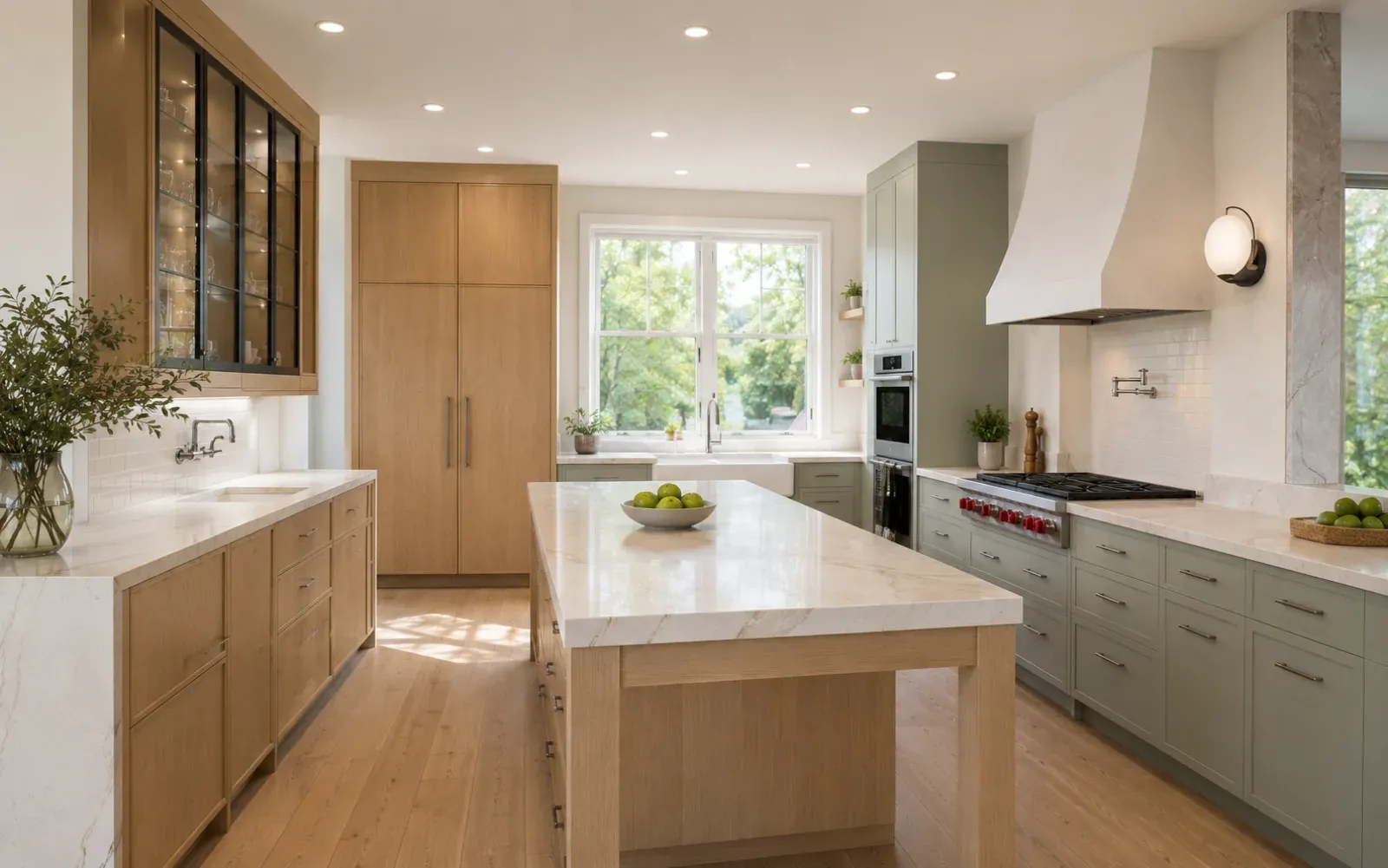 Interior render of a custom kitchen — white-oak and sage cabinetry, marble island and counters, integrated appliances and glass upper display