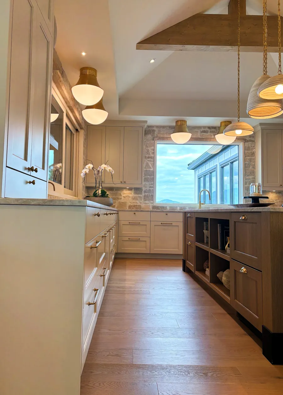 Swick Road kitchen — perimeter cabinetry and island looking toward the window wall