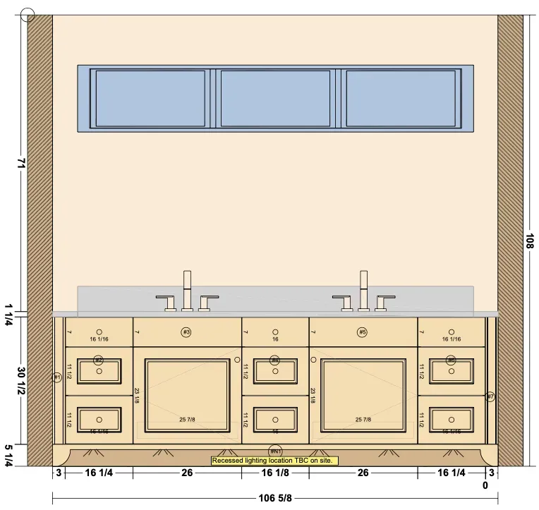 Swick Road ensuite vanity elevation — working drawing with dimension strings, sink locations, and material callouts