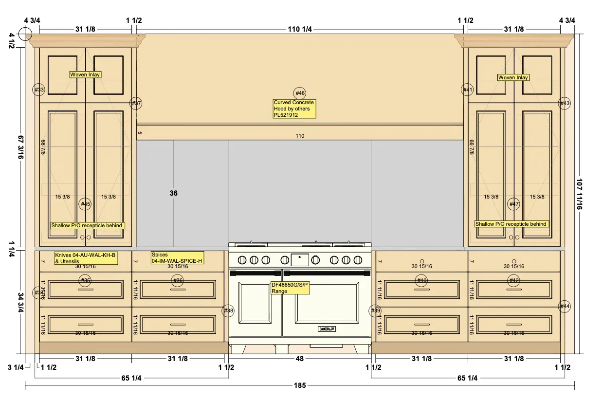 Swick Road range wall elevation — working drawing with dimension strings, material callouts, and bubble numbers